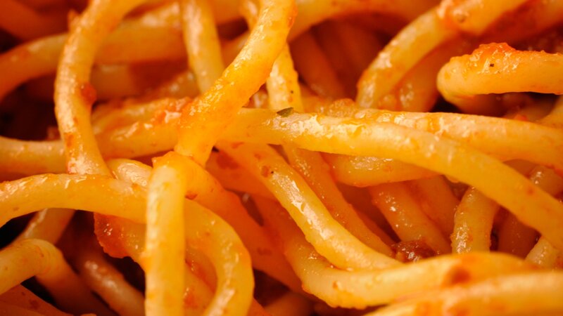 close-up of spaghetti with sauce