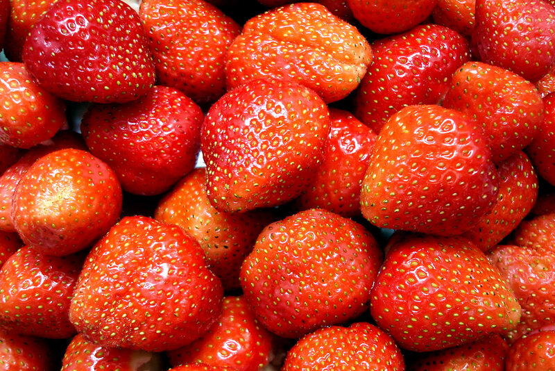 Close-up of Strawberries — Red, Fresh, Photograph, Berries, Seeds, Green