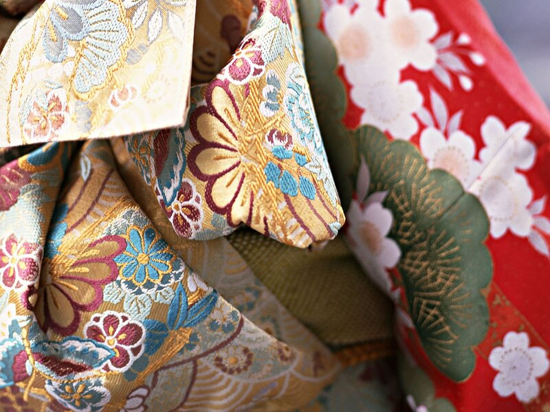 Close-up of traditional Japanese kimono fabrics