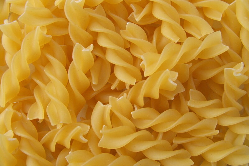 close-up of uncooked fusilli pasta