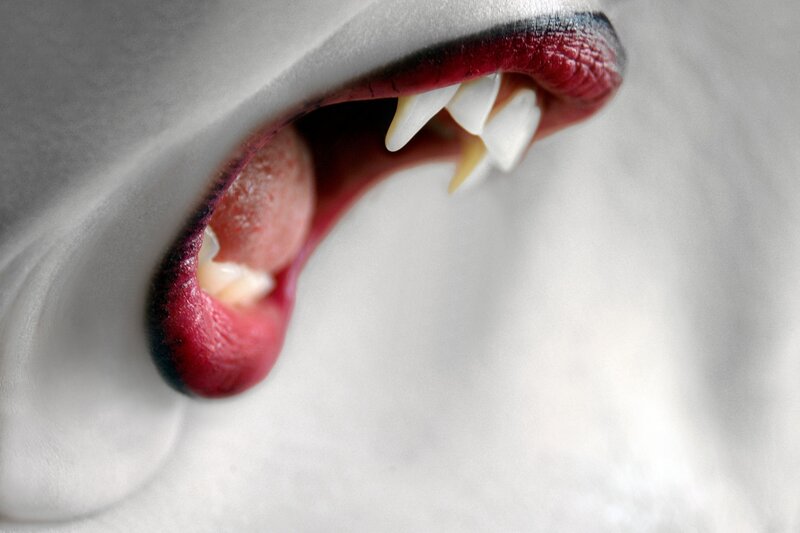 Close-up of Vampire Mouth — White, Dramatic