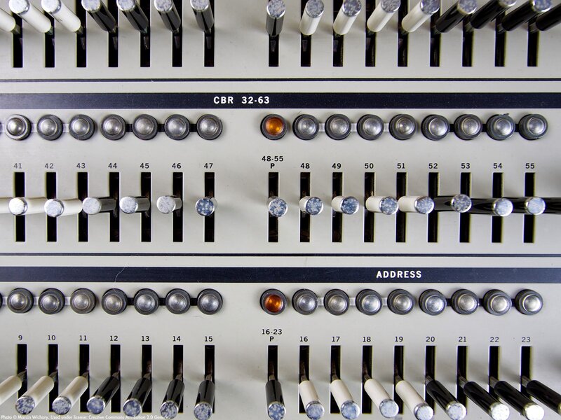 Close-up of vintage telephone switchboard