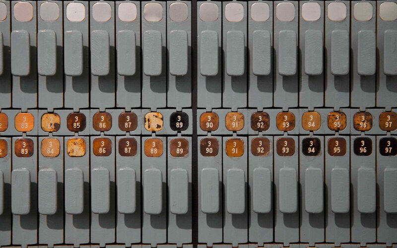Close-up of vintage telephone switchboard
