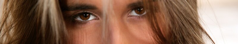 Close-up of Woman's Eyes — Brown, Intense, Photograph, Hair, White