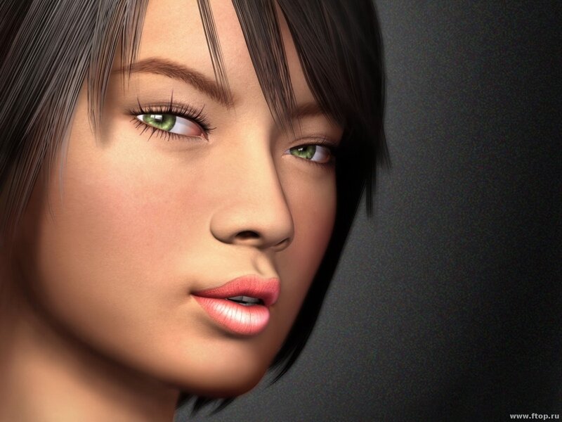 Close-up of Woman's Face — Brown, Neutral, 3d Render, Green Eyes, Short Hair