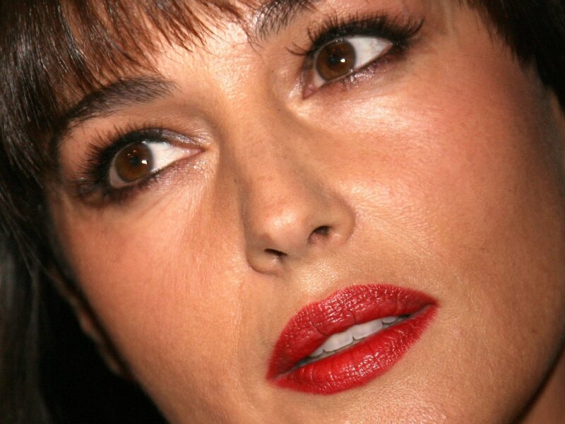 Close-up of Woman's Face — Red, Dramatic, Photograph, Eyes, Lips, Makeup, Brown