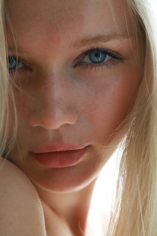 Close-up of Woman's Face — White, Calm, Photograph, Blonde Hair