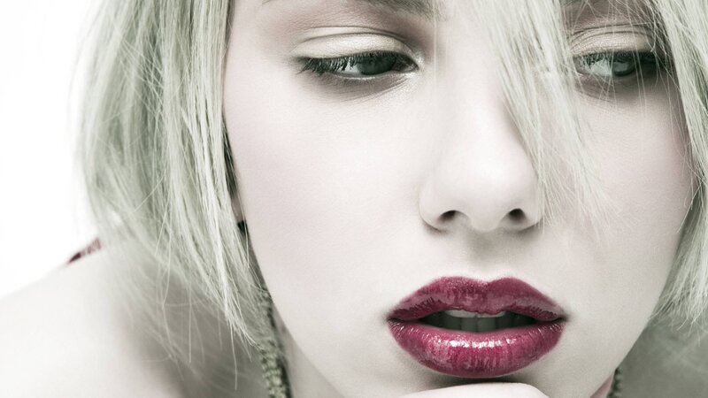 Close-up of Woman's Face — White, Dramatic, Photograph, Blonde Hair, Lipstick, Red