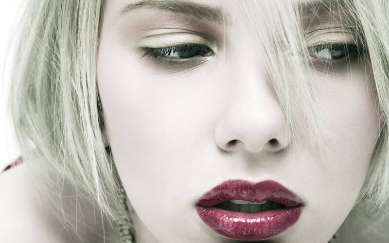 Close-up of Woman's Face — White, Dramatic, Photograph, Blonde Hair, Red Lipstick