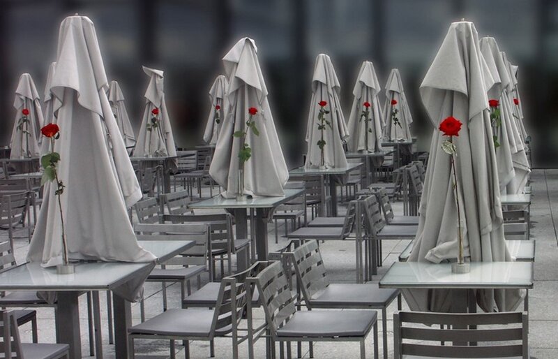 Closed Umbrellas with Roses
