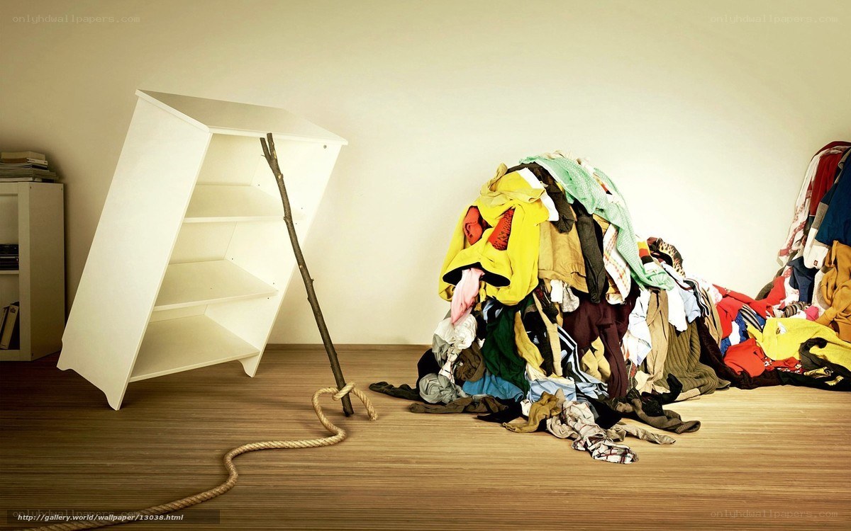 Clothes pile and tipped shelf