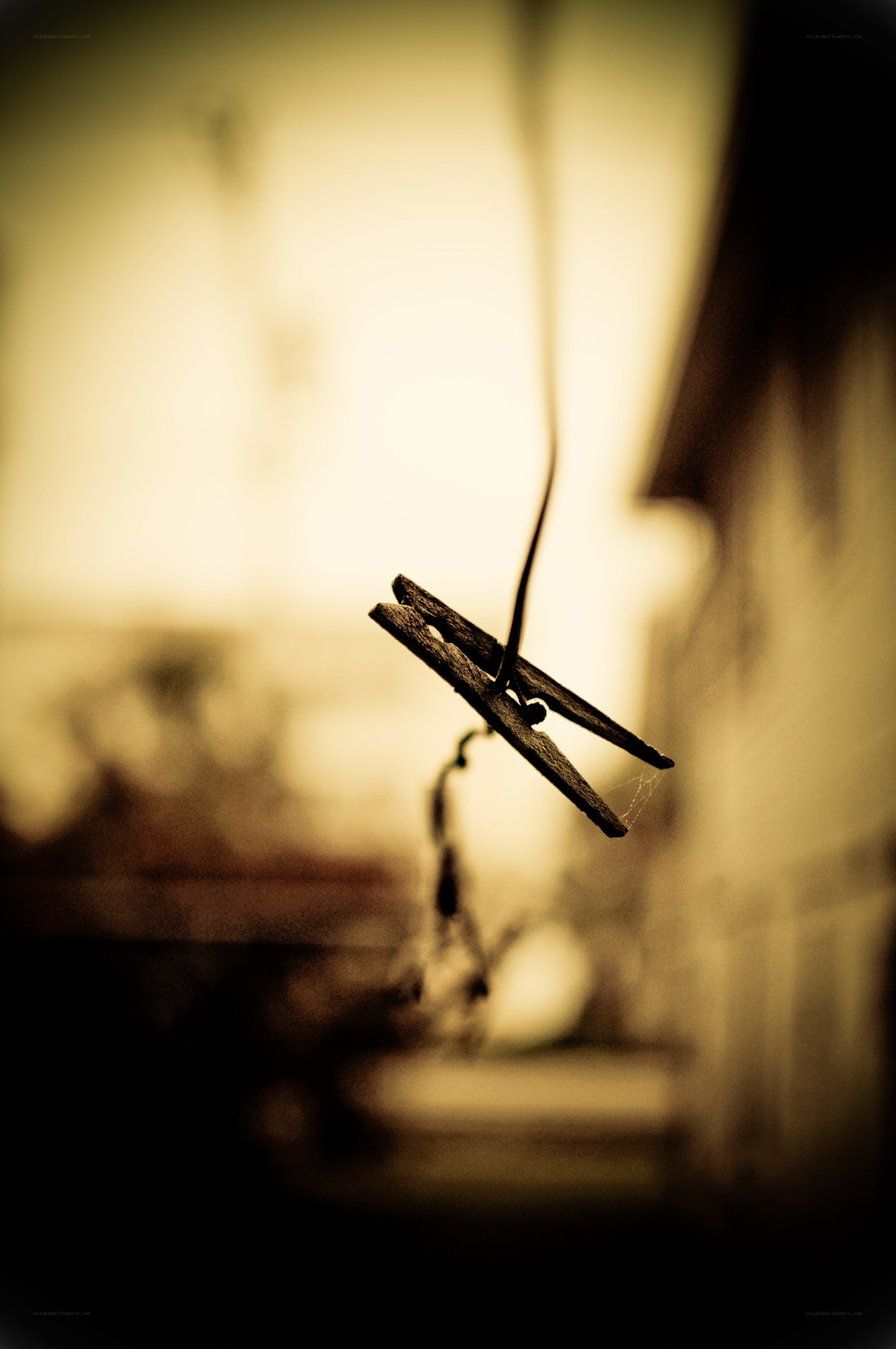 Clothespin hanging in sepia