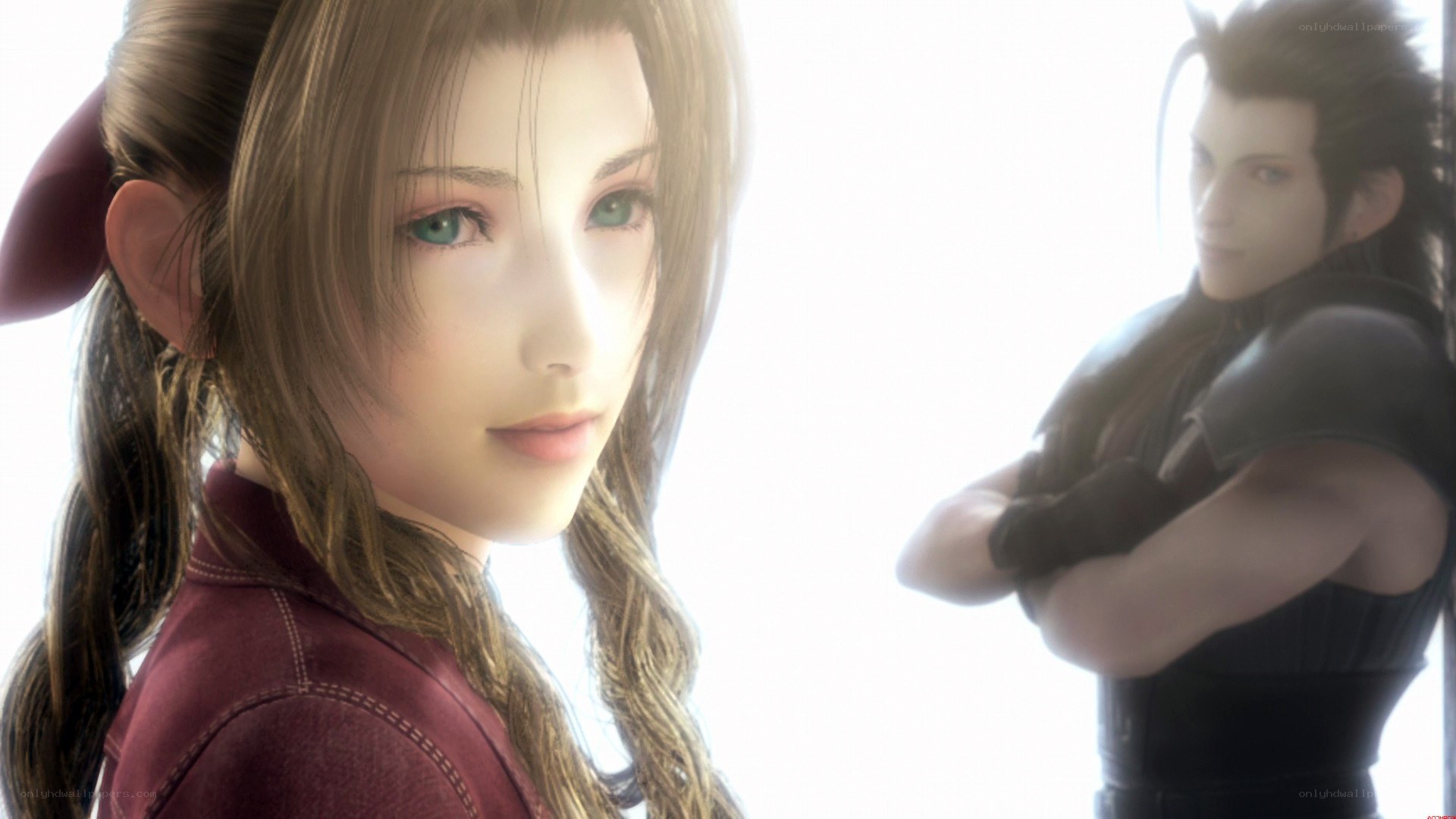 Cloud and Aerith in a bright room