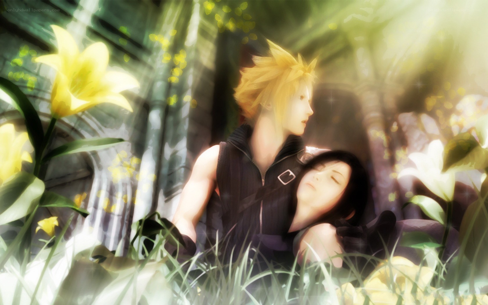 Cloud and Aerith in a flower field