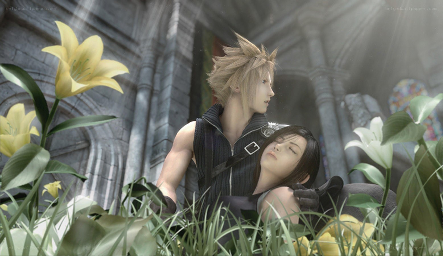 Cloud and Aerith in a garden