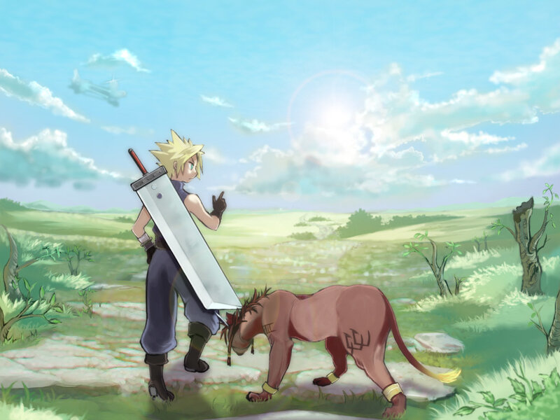 Cloud and Chocobo in a field