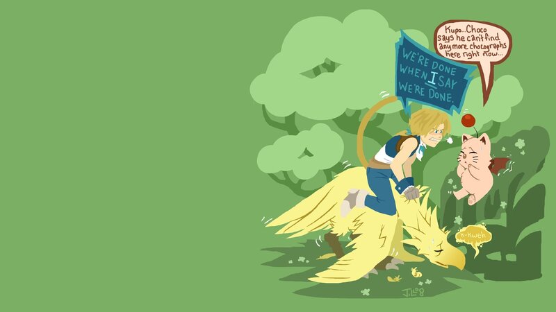 Cloud and Chocobo in the forest