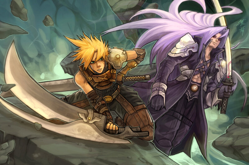 Cloud and Sephiroth in a cave
