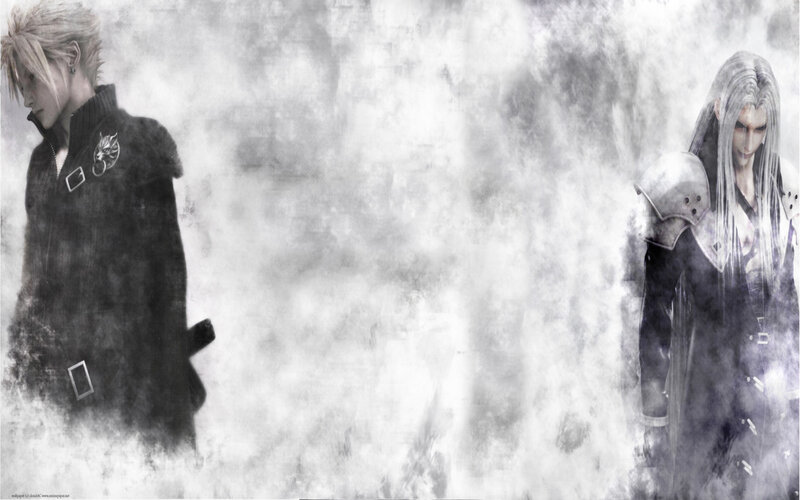 Cloud and Sephiroth in mist