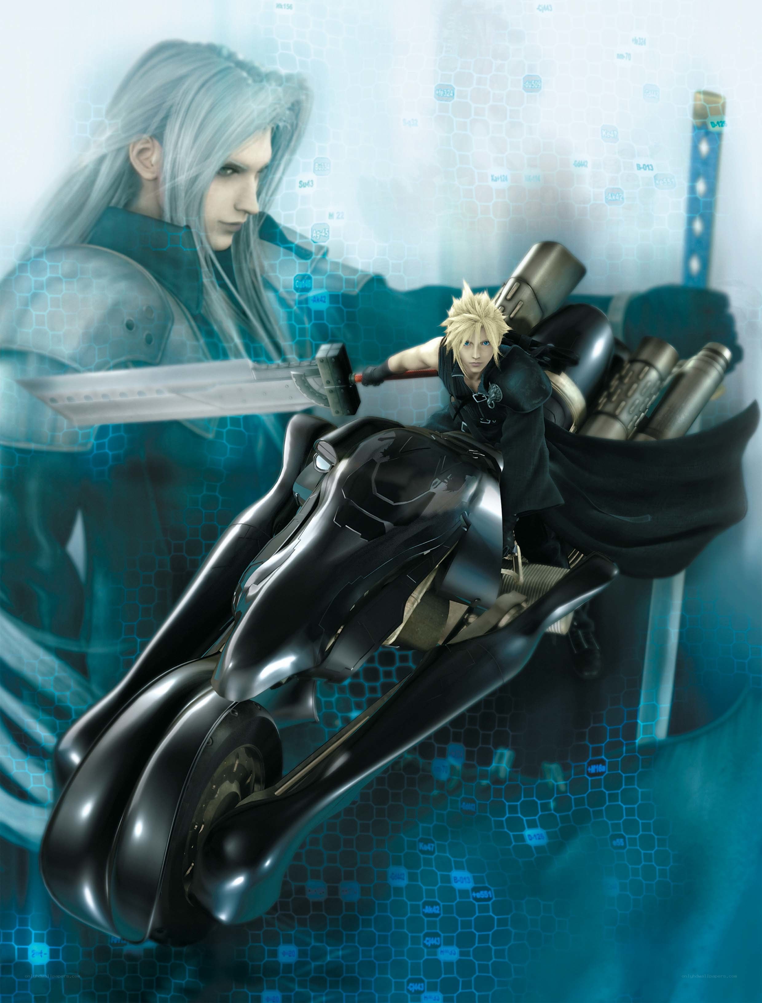 Cloud and Sephiroth on a motorcycle