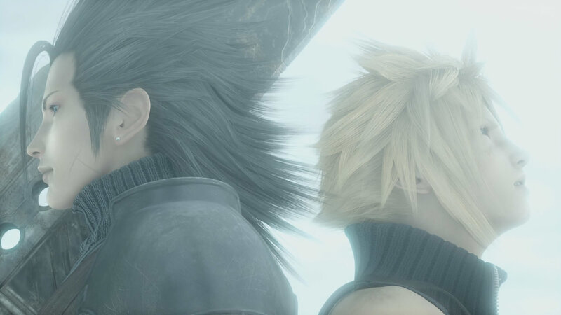 Cloud and Zack in a misty landscape