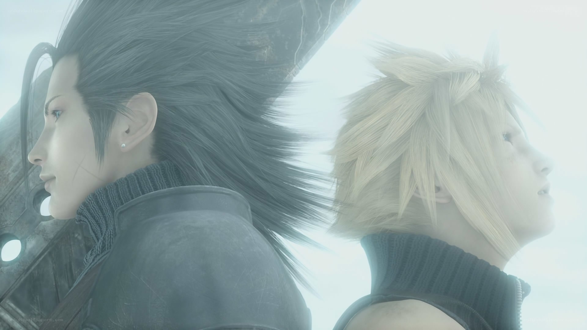 Cloud and Zack in a misty landscape