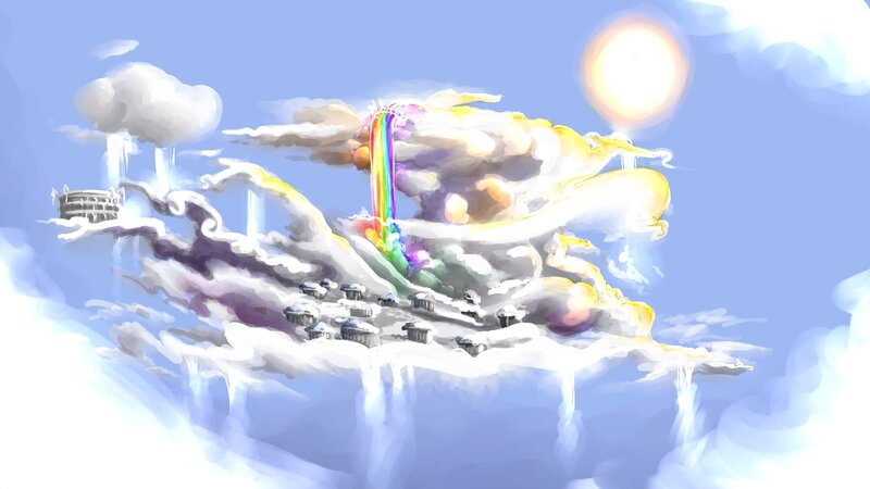 cloud city with rainbow waterfall