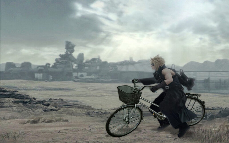 Cloud riding a bike in wasteland
