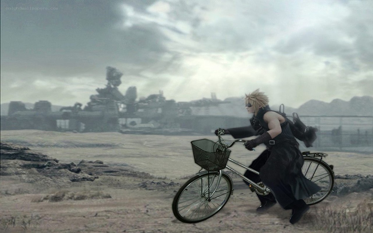 Cloud riding a bike in wasteland