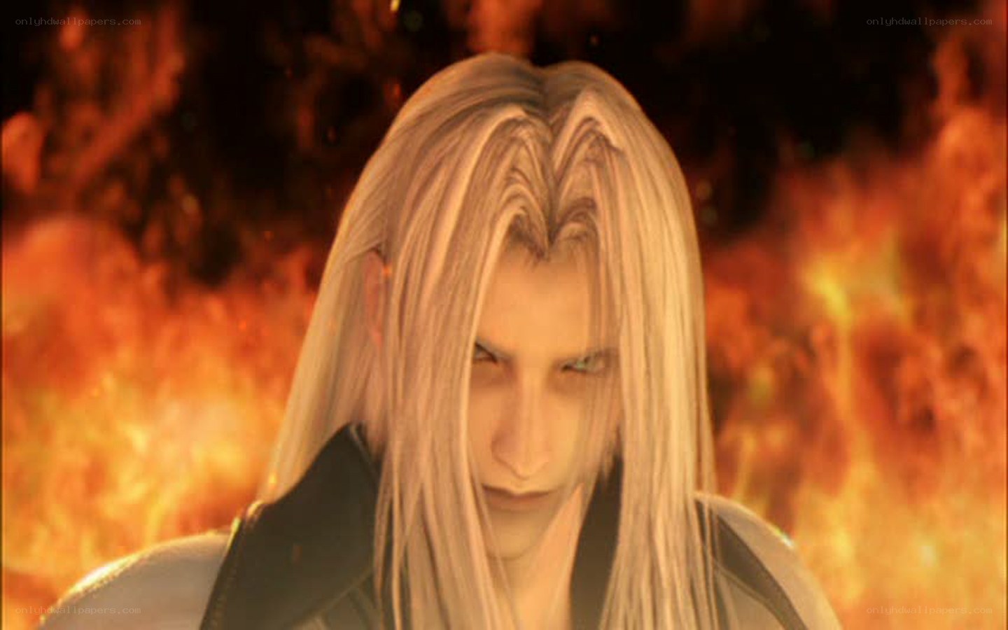 Cloud Strife in a fiery scene