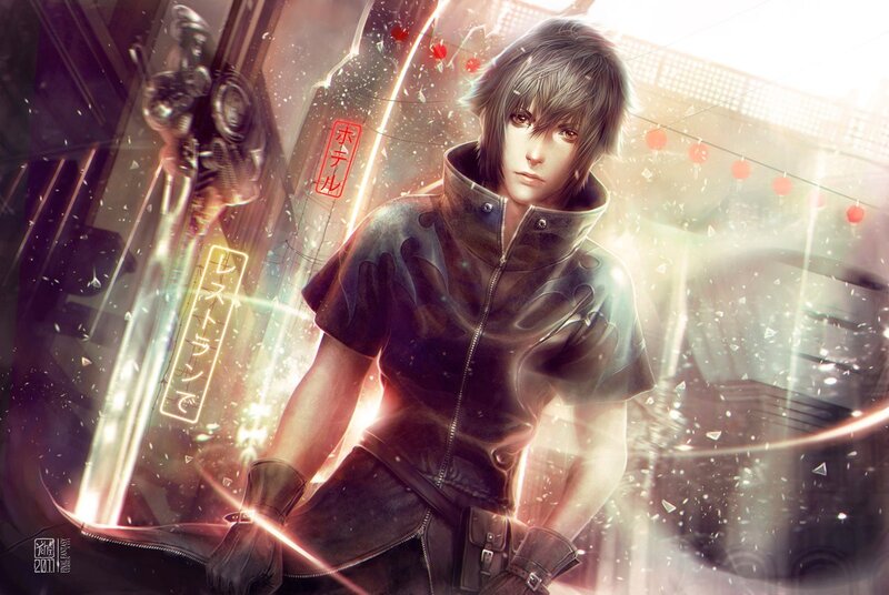 Cloud Strife in a neon-lit alley
