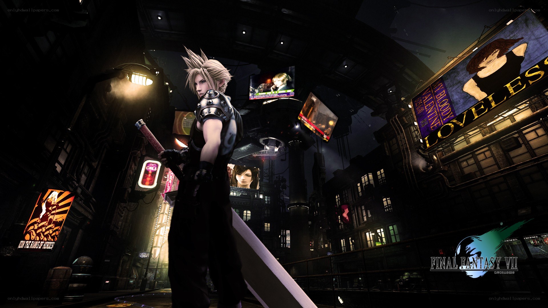 Cloud Strife in a neon-lit city