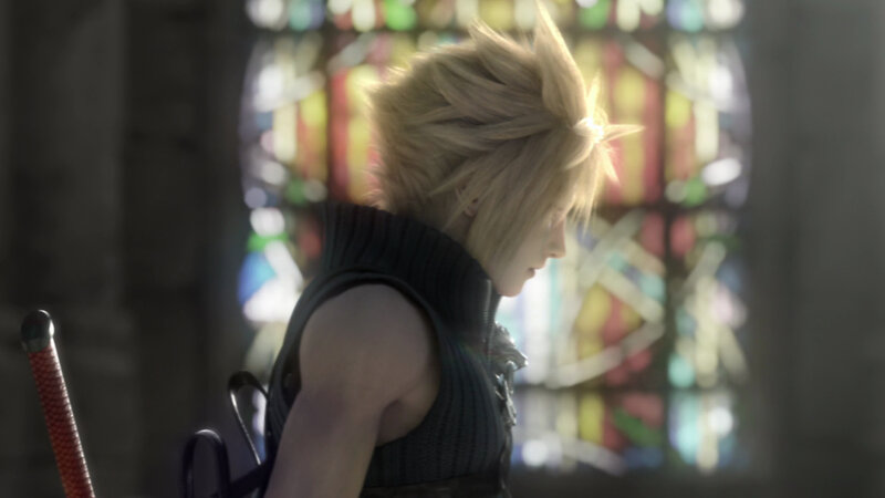 Cloud Strife in a stained glass room