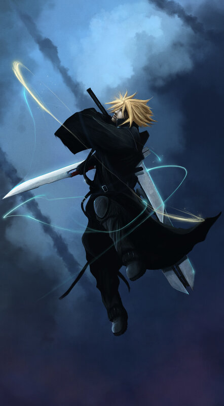Cloud Strife in mid-air battle
