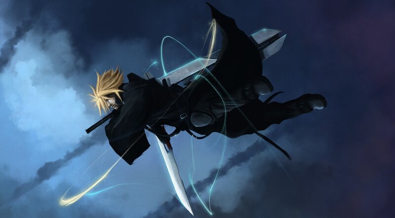 Cloud Strife in mid-air combat