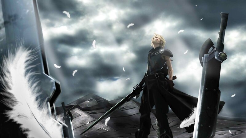 Cloud Strife on a stormy rooftop
