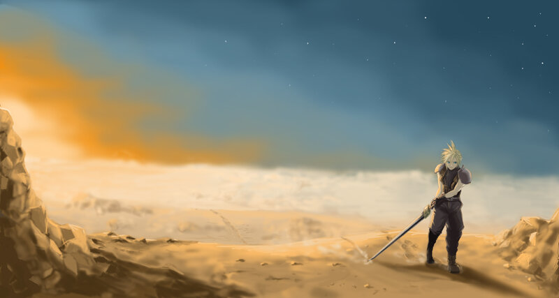 Clouds and a warrior with a sword
