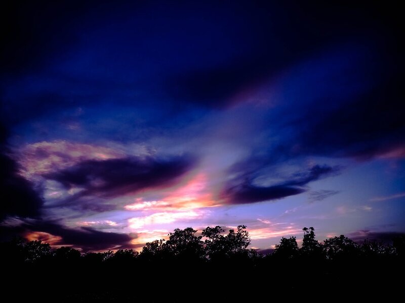 Clouds at Dusk — Blue, Dramatic, Sunset, Photograph, Sky, Trees