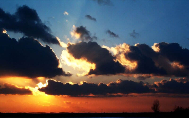 Clouds at Sunset — Blue, Dramatic, Photograph, Sky, Horizon, Tree