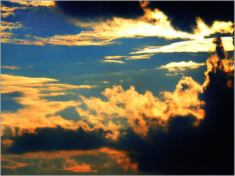 Clouds at Sunset — Blue, Dramatic, Photograph, Sky, Sunlight, Orange, Black