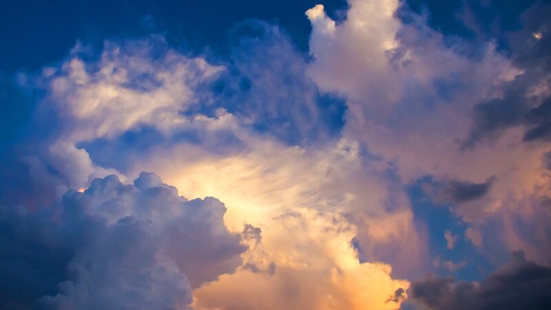 Clouds at Sunset — Blue, Dramatic, Photograph, Sky, Sunlight, Orange, White