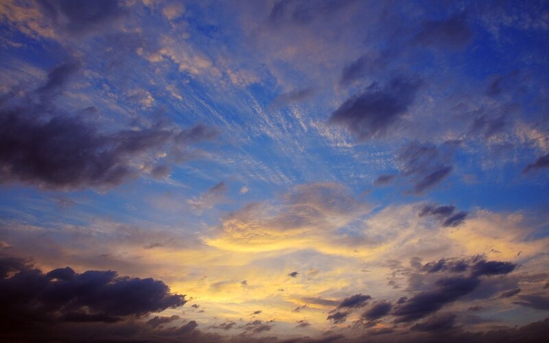 Clouds at Sunset — Blue, Dramatic, Photograph, Sky, Sunlight, Yellow, Purple
