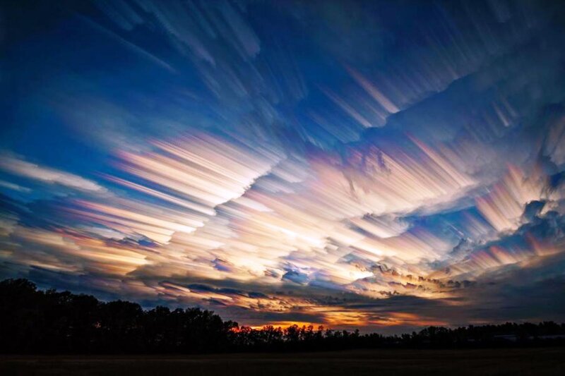 Clouds at Sunset — Blue, Dramatic, Photograph, Sky, Trees, Field