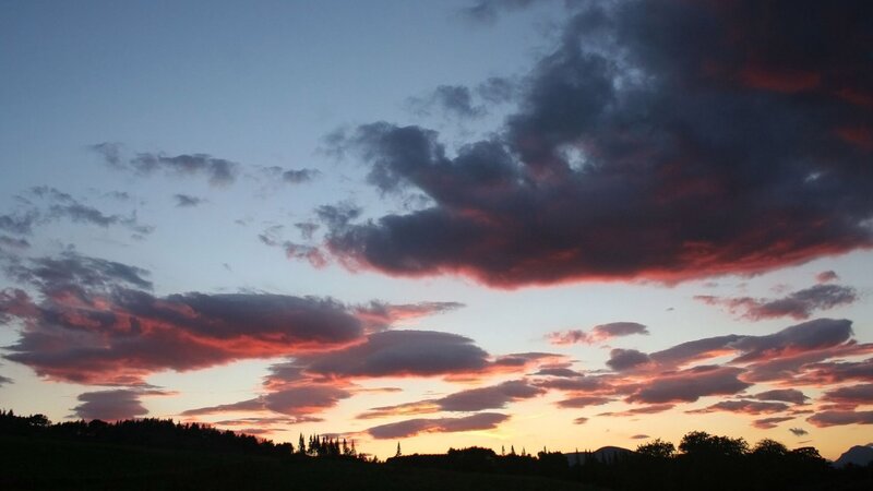 Clouds at Sunset — Blue, Dramatic, Photograph, Sky, Trees, Hills