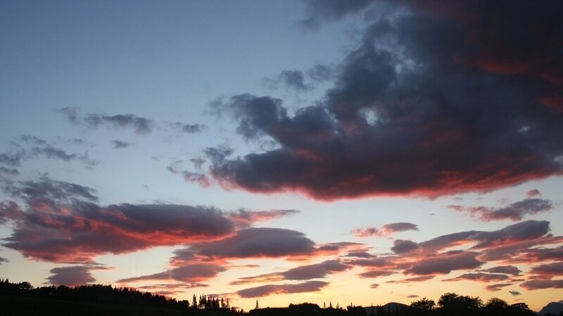 Clouds at Sunset — Blue, Dramatic, Photograph, Sky, Trees, Mountains, Pink
