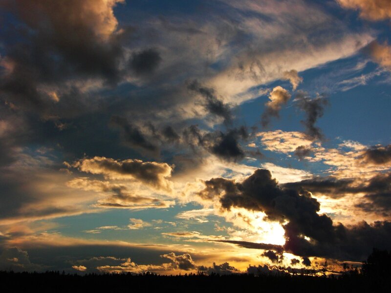 Clouds at Sunset — Blue, Dramatic, Photograph, Sky, Trees, Orange, Black