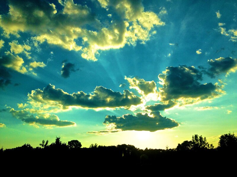 Clouds at Sunset — Blue, Dramatic, Photograph, Sky, Trees, Sun