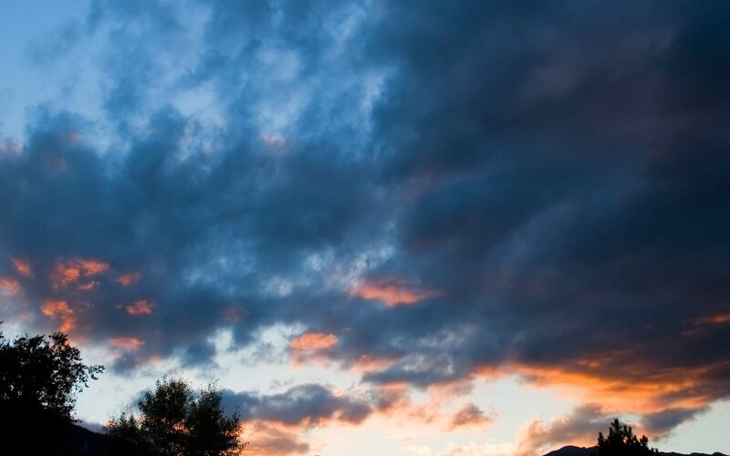 Clouds at Sunset — Blue, Dramatic, Photograph, Trees, Mountains