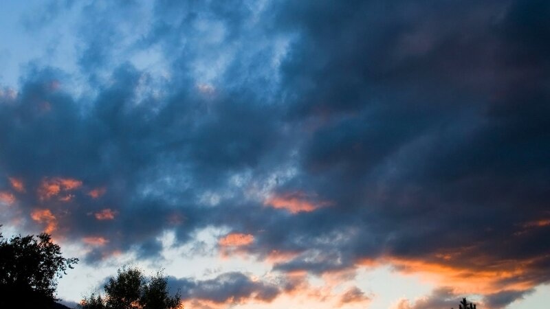 Clouds at Sunset — Blue, Dramatic, Photograph, Trees, Sky, Orange