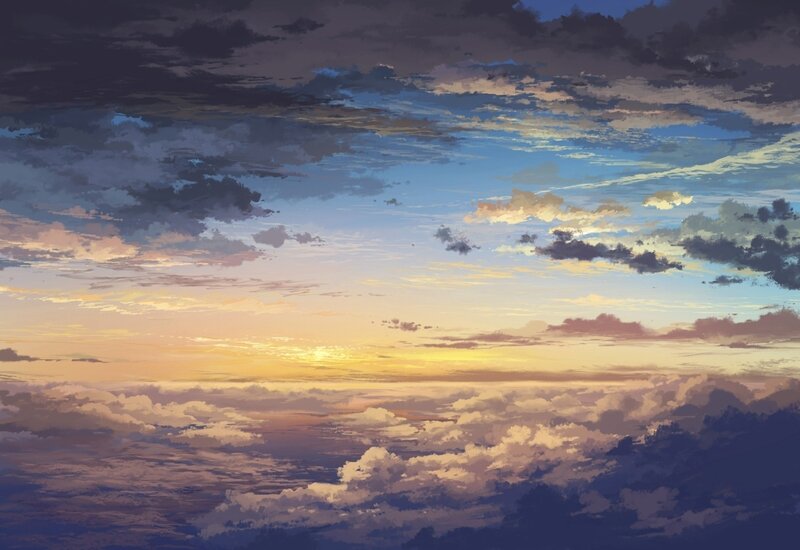 Clouds at Sunset — Blue, Serene, Digital Art, Sky, Sun
